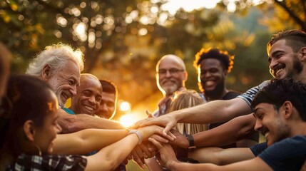 A group of people are hugging and smiling, with one man wearing a watch. Scene is happy and friendly