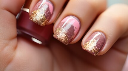 nails pink and gold glitter