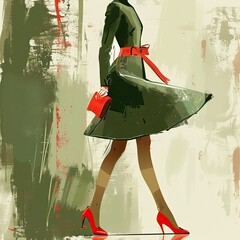 A stylish fashion illustration featuring a model in a chic green dress with red accessories.