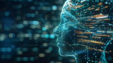 A computer generated face with a blue background. The face is surrounded by a lot of lines and dots, giving it a futuristic and artificial appearance