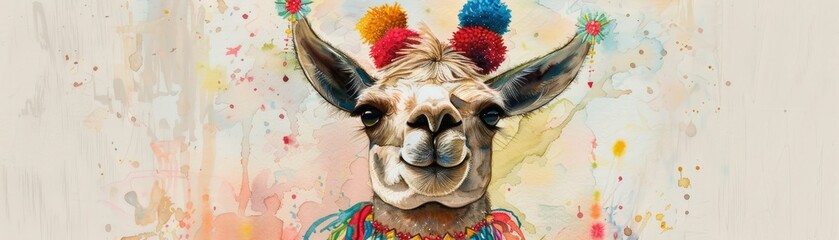 Naklejka premium A watercolor painting of a llama adorned with colorful pom-poms and tassels