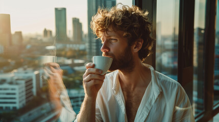 Young man sipping morning coffee looking out the window. - obrazy, fototapety, plakaty