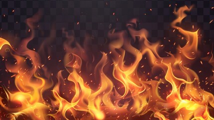 Realistic flame isolated on transparent background with smoke and sparks. Burning campfire, smoke effects, glowing orange and yellow flares, 3D modern frame, border.
