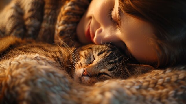 Craft a heartwarming image of a pet curled up with its owner