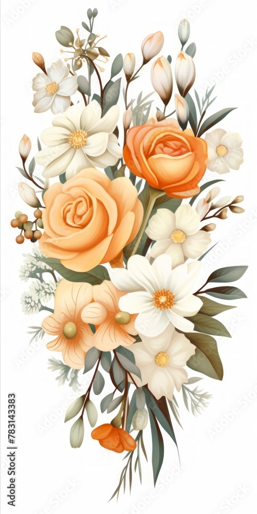 Poster Generative AI A gorgeous cluster of fresh flowers arranged neatly on a white background, offering a clean area for adding event details or custom text overlays