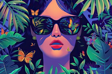 A woman wearing sunglasses with a butterfly on each lens is standing in a lush, tropical setting.