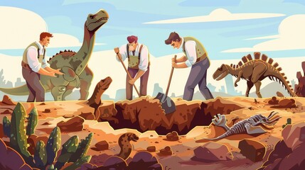 Archaeologists, paleontologists working on excavations digging soil layers with shovels, exploring fossilized dinosaurs fossil skeletons bones cartoon modern illustration.