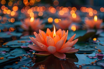 Illuminated Serenity: Diwali Lotus Celebration. Concept Diwali Festival, Lotus Flower Decor, Lighted Candles, Traditional Attire, Festive Spirit