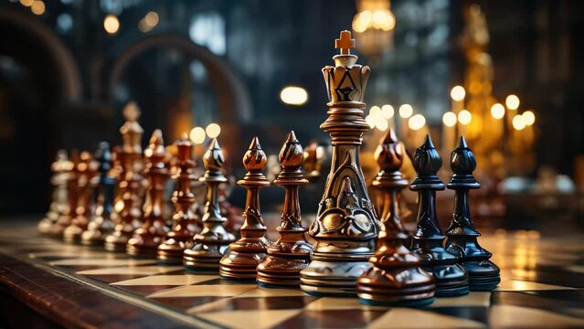 Beautiful chess pieces on a chessboard, an intellectual game for making strategic correct decisions