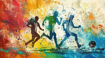 Soccer Players in Action on Abstract Colorful Background
