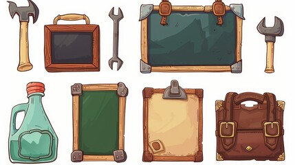 Various old items of luggage, luggage bags, blackboards, wrenches, bats, and detergent in cardboard and wooden boxes isolated on white. Cartoon modern illustration, icon, and clip art.