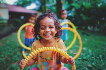 cute latina little girl playing in back yard,family advertising, kids' clothing ads, toy promotions, childcare services, outdoor products, parenting blogs, summer camp marketing