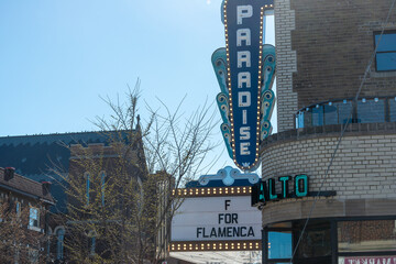 Fototapeta premium marquee sign, Paradise Theatre (1006 Bloor Street West in Toronto, Canada) a heritage movie theatre and entertainment venue first opened in 1937 designed by Benjamin Brown in Art Deco style