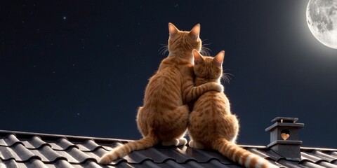 Two cats are sitting roof house hugging each other looking moon. Concept of romance.