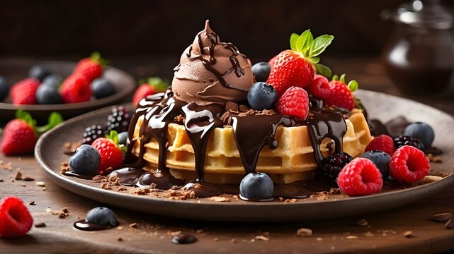 Artistic Image prompt structure: "Digital illustration featuring a delectable chocolate ice cream on a waffle, topped with fresh berries and a luscious chocolate sauce, creatively presented on a rusti