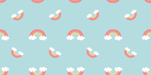 Cloud Background, Rainbow Seamless Pattern, Cartoon Vector Illustration, Blue Sky Template for Kid Clothes, Fabric, Textile, Wrapping paper. Fashion Decorative Graphic Sample for Wallpaper, Cover