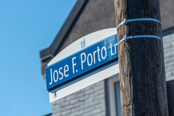 Fototapeta premium city of Toronto street sign of Jose F. Porto Lane (north of Dundas Street West between Dovercourt and Coolmine Road)