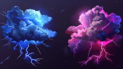 It could be lightning strikes and a thunderstorm cloud, lightning discharges and a storm cloud, an impact spot or a magical energy flash. Meteorology thunderbolt realistic 3D modern impulse isolated - obrazy, fototapety, plakaty
