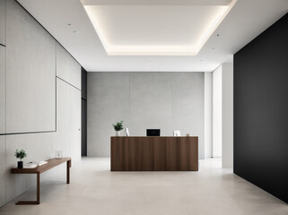 An image of a modern office space with white walls, wooden floors, and a white ceiling.