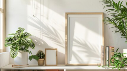 Serene bedroom with morning light and blank frame, interior of a house on white, morning light 