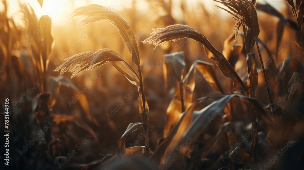 Poster Generative AI Close-up shot showcasing the ripe cornstalks swaying gently in the breeze in a field at dusk.