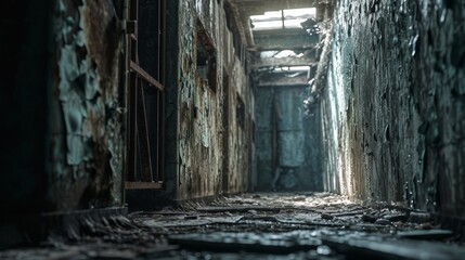 Fototapeta na wymiar Generative AI Close-up view of Chernobyl's reactor sarcophagus, cracked walls, weathered structure, eerie atmospheric lighting, detailed linework