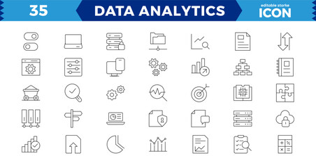 Data analytics web icons set in thin line design. Pack of database, big data process, optimization, backup, chart and other. Vector outline stroke icon design editable stroke.