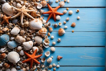 Top view beach scene concept with sea shells, starfish and sand on a blue wooden background. Copy space