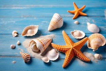 Fototapeta na wymiar Beach scene concept with sea shells, starfish and sand on a blue wooden background.