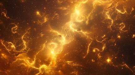 A cosmic scene with golden clouds and stars, creating an unearthly atmosphere, a nebula space made of starry gold dust