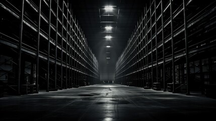 dimly dark empty warehouse - obrazy, fototapety, plakaty