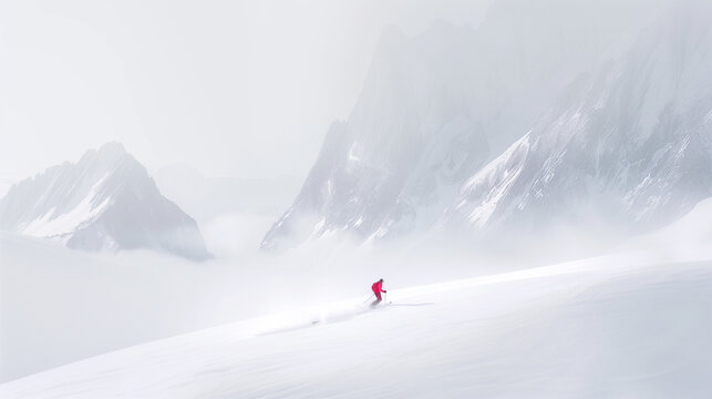 Photo of back view of skier on snow mountain, white background, minimalism, foggy weather, clean and simple design, red , distant mountains in the mist, serene atmosphere, snowy landscape, snowcover