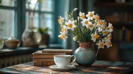A table with books stacked on it, next to a vase with a large bouquet of a narcissus flowers, and a cup of hot tea.  Generated by artificial intelligence.
