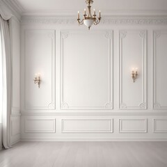 White empty room with stucco moldings and sconces. Classic interior style design.