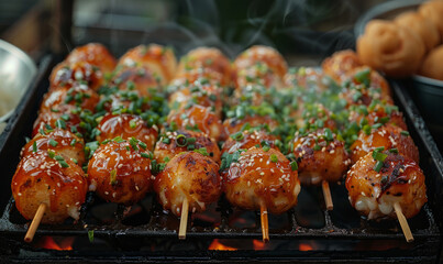 Beautiful close-up photo of a Takoyaki food stand outdoor in Japan - obrazy, fototapety, plakaty