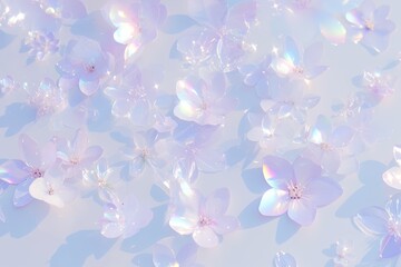 Abstract pastel rainbow iridescent holographic blurred background with blurred flowers in pastel colors