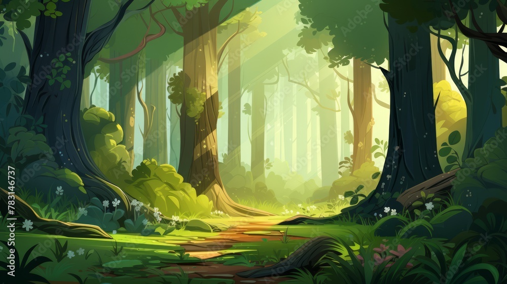 Aufkleber Generative AI A lush, green forest with towering trees and sunlight filtering through.
