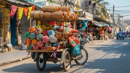 Fototapeta na wymiar Vibrant Street Vendor Scene, Trading in Cambodia. A bicycle cart full of baskets and plastic bags 
