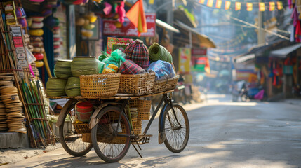 Fototapeta premium Vibrant Street Vendor Scene, Trading in Cambodia. A bicycle cart full of baskets and plastic bags 
