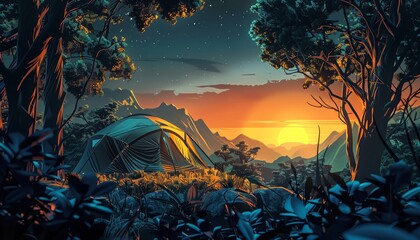 A beautiful landscape with a tent in the foreground and a mountain range in the background. The sky is a gradient of orange and blue, and there are stars and a moon in the sky. The tent is surrounded - obrazy, fototapety, plakaty
