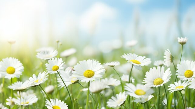 Spring nature background. Beautiful white daisies in the garden. Delicate artistic floral image. template for design. copy space. Beautiful wild flowers chamomile, close-up macro.