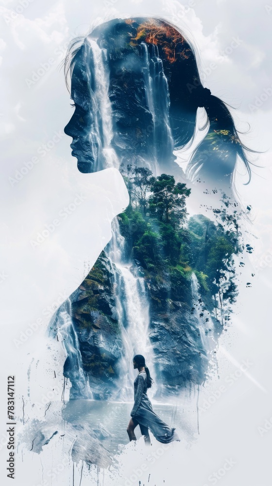 Poster a womans face is visible in the foreground of the image, with a majestic waterfall streaming in the 