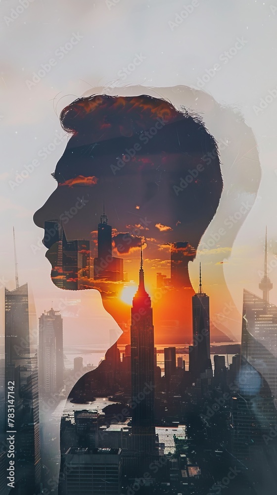 Poster a womans face is overlaid with a city skyline in a double exposure. the contrasting images create a 