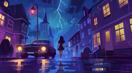 Foto auf Acrylglas Animated detective story cartoon poster, young woman walking along illuminated street in dark town with car passing through puddles, with flashing lights and water puddles in dark sky. © Mark
