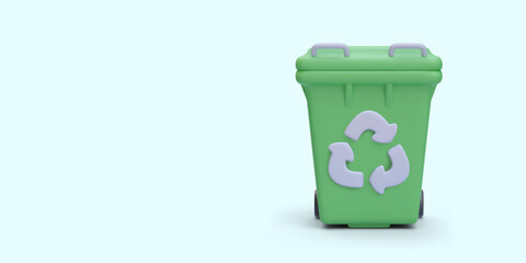 Ecology and environment concept with realistic green trash can isolated on light background. Vector illustration