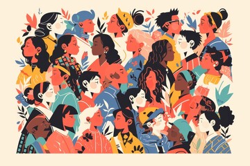An illustration of diverse people from various backgrounds coming together in unity, showcasing diversity and innovation. 