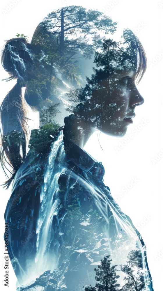 Poster A double exposure showcasing the merging of a womans face with the silhouette of trees in the background. The two subjects blend seamlessly, creating a unique visual effect.