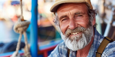 Portrait old male maritime professional at work. Elderly man maritime in front of sea port background. International Labor Day, Workers Day concept. banner, poster, flyer.