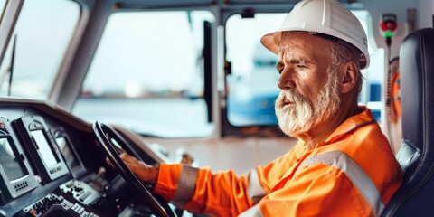 Portrait old male maritime professional at work. Elderly man  maritime in front of sea port background. International Labor Day, Workers Day concept. banner, poster, flyer.
