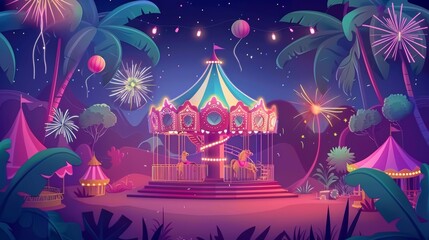 Children with cocktails in amusement park with merry-go-rounds, roller coasters, and carnival rides. Modern web banner featuring fireworks and balloons. - obrazy, fototapety, plakaty